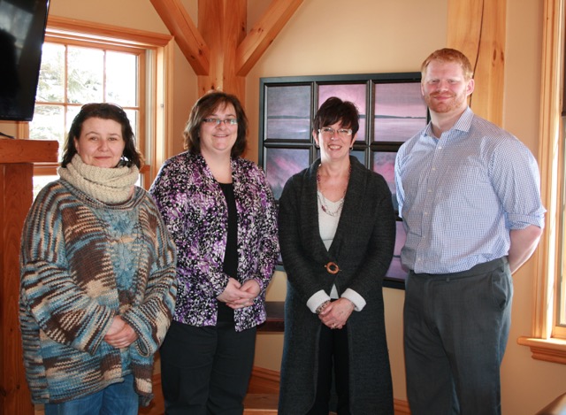 Royal LePage Lakes of Muskoka Booster Night committee members, L-R: Rachelle Walker, Executive Director of Muskoka Women’s Advocacy Group ; Michelle Chesseman, Client Care Royal LePage Lakes of Muskoka, Bracebridge; Wendy Webb, Chair of Booster Committee; Phil Hemens, Boston Pizza Bracebridge. 