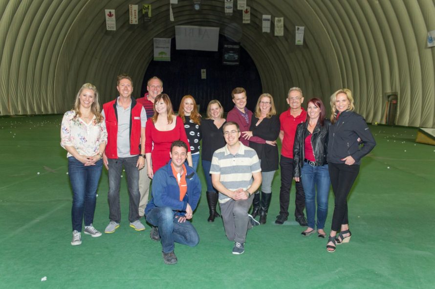 Organizers of the ninth annual Golf Skills Challenge hosted by Royal LePage Solutions and Royal LePage Benchmark in Calgary. Front row: Ben Ginzberg and Marc Anderson. Back row: Shayne Pardee, Josh Nelson, Cheri Long, Andrew Hanney, Madison Jager, Sharon Abrahamson, Alexander Bradley, Dorothy Burnett, Rob Smith, Erin Pierce and Corinne Lyall. Facebook photo) 