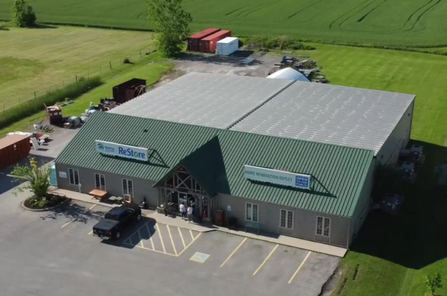 Aerial image of the Fonthill ReStore surrounded by farmland